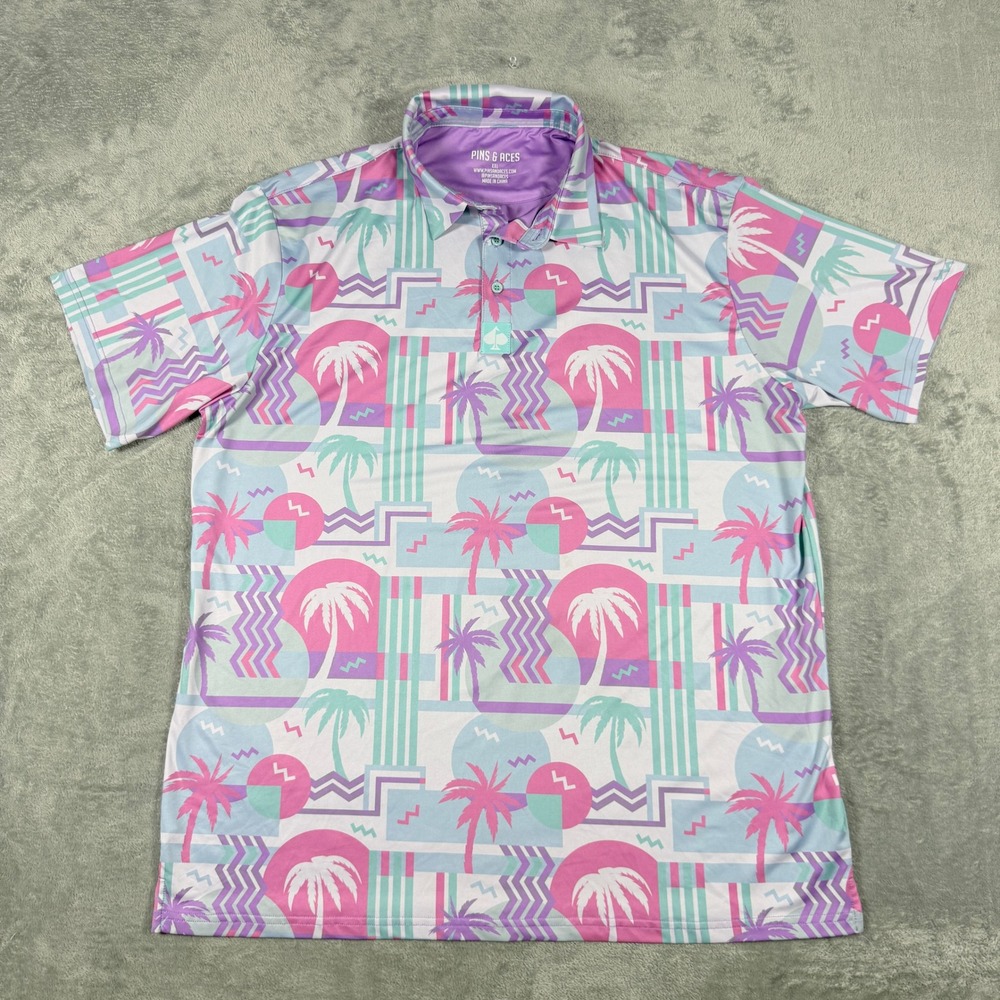 Pins & Aces Mens XXL Polo Shirt Vaporwave Retro 80s Palm Tree Golf Performance